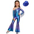 thumbnail image 2 of YiZYiF Girls Metallic Shiny Disco Hippie Jazz Dance Outfits Sequin Tassel Flare Jumpsuit with Hat Set Blue 16, 2 of 7