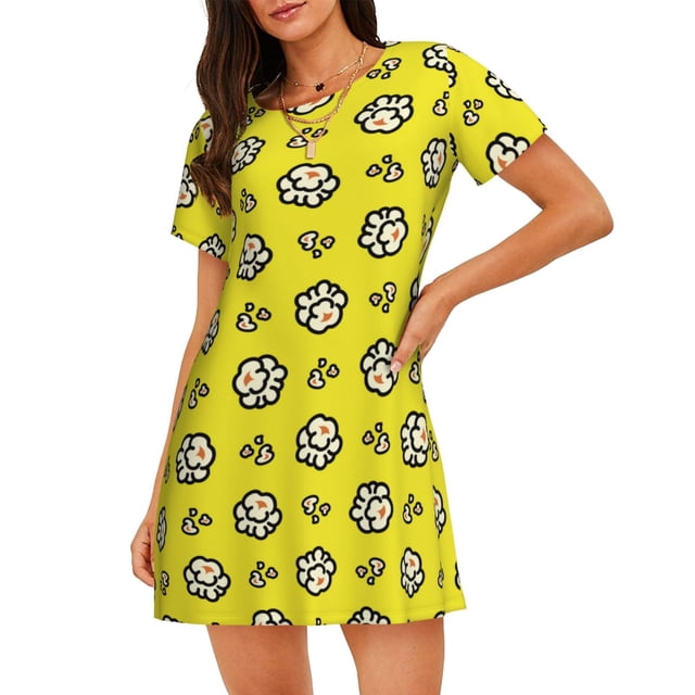 Balery White Popcorn Camisón de manga corta con cuello redondo para mujer, cómodo y elegante.