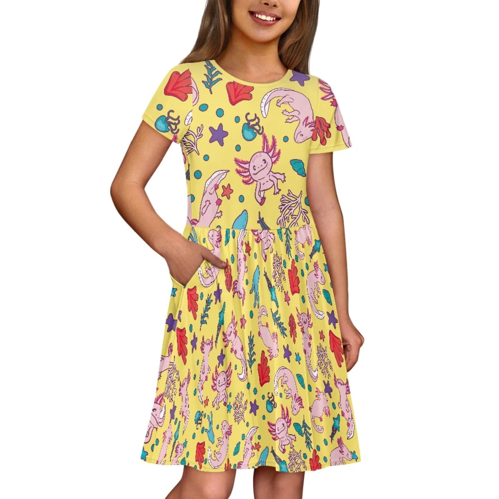 Uourmeti Axolotl Summer Dresses for Toddler Girls Cute Swing Dress Casual Loose Crewneck Short Sleeve Midi Dresses with Pockets