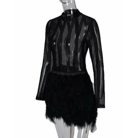 Sexy Women Long Sleeve Sheer Mesh Faux Fur dress Bodycon Club Party Mini Dress vestidos verano