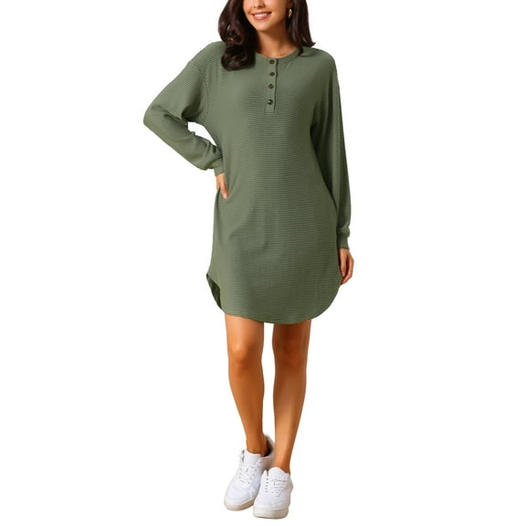 INSPIRE CHIC Women's Long Sleeve Comfortable Ribbed Dress Unique Wavy Texture Casual Wear t Shirt Dresses S Green