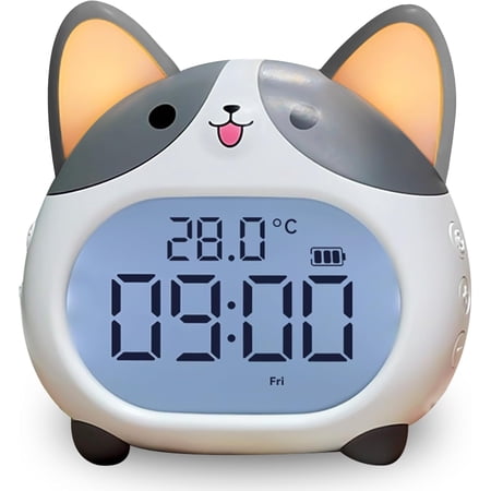 Alarm Clocks for Kids - Cute Dog Clock with Night Light, 6 Alarm Tones, Snooze, Timer, Date and Temperature Display - Rechargeable Battery Operated Digital Clocks for Bedroom Kids Room