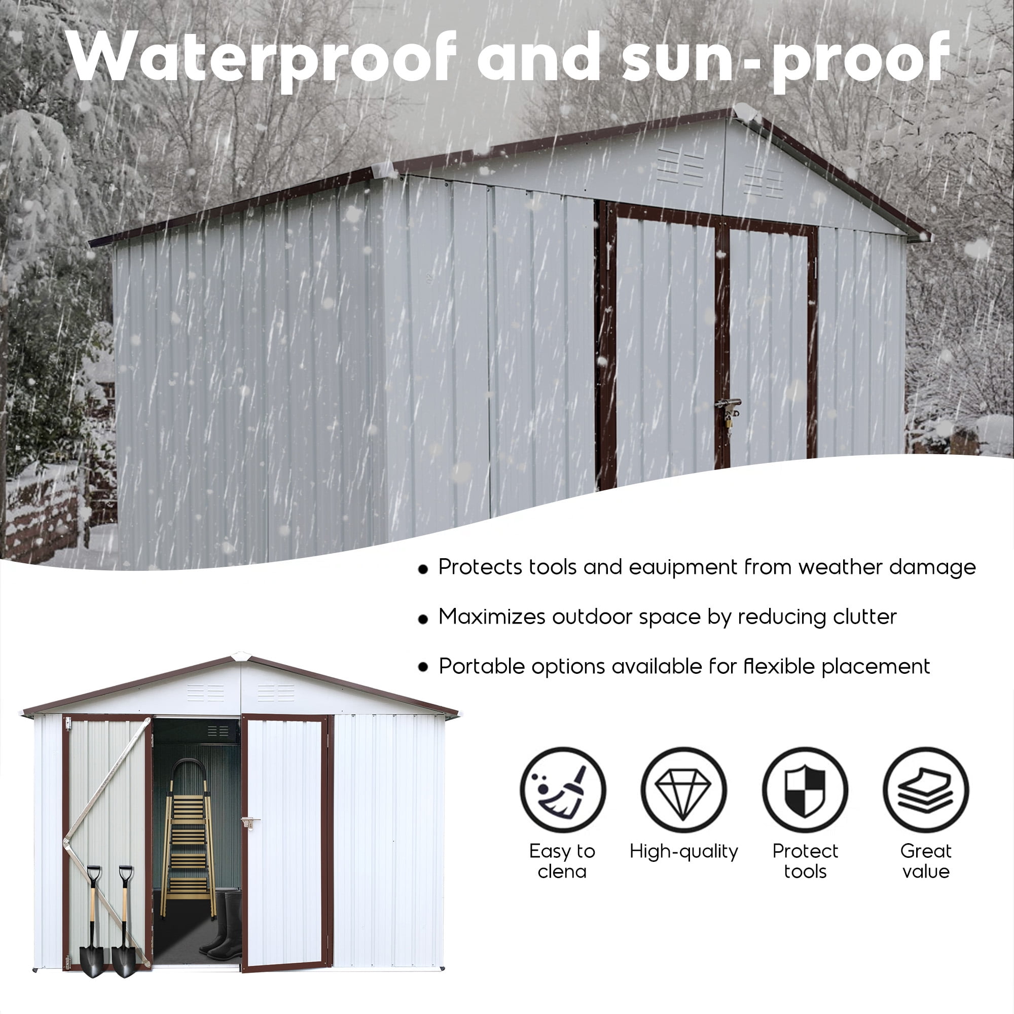 Aukfa 8FT x 6FT Outdoor Storage Shed, Metal Garden Shed with Vents, Tool Shed with Door and Padlock for Backyards, Patio Lawns, White