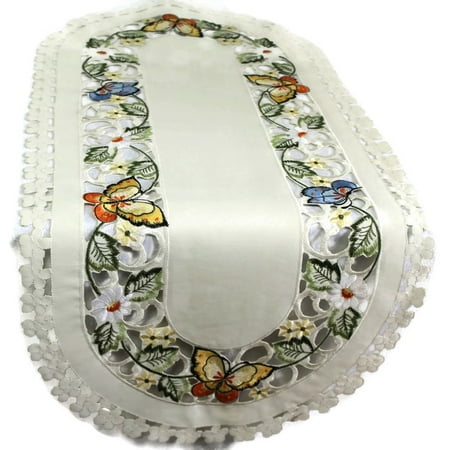 

Doily Boutique Table Runner Embroidered with a Multi-Color Butterfly on Ivory Fabric Size 54 x 15 inches