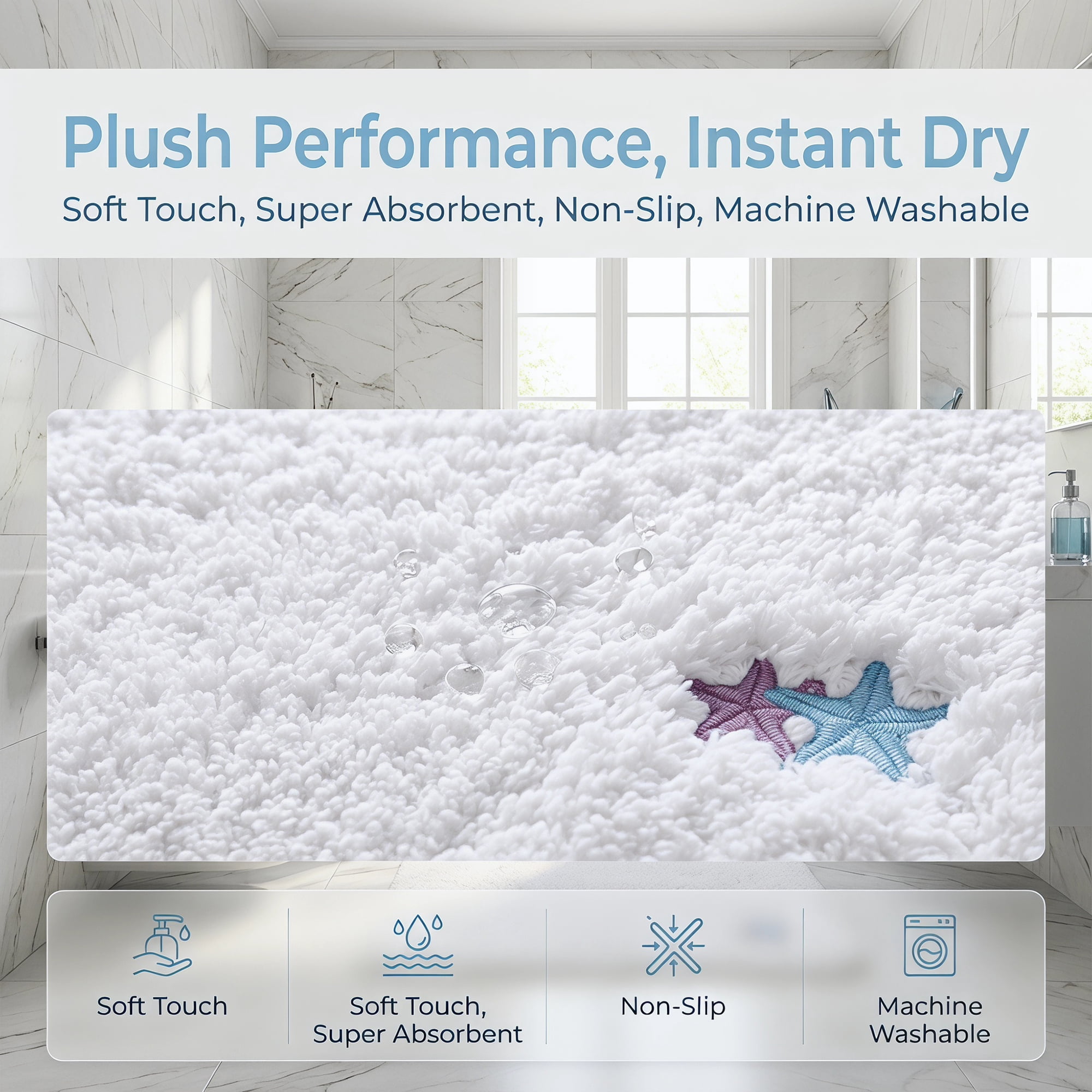 Unique Bargains High-End Plush Absorbent Microfiber Bath Mat White Starfish 32" x 20"