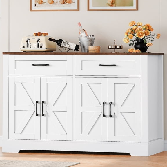 Homfa Buffet Cabinet with 2 Drawers and 4 Doors, Kitchen Sideboard Storage Cabinet, Farmhouse Coffee Bar Cabinet for Dining Room, White & Brown