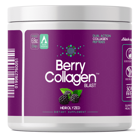 Berry Collagen Blast Powder Hydrolyzed (1) |Premium Blend Grass-fed - Soy Free | Dual Action Collagen Peptides | Support Bones and Joints | Blueberry & Blackberry | IGEN GMO - 204 Grams
