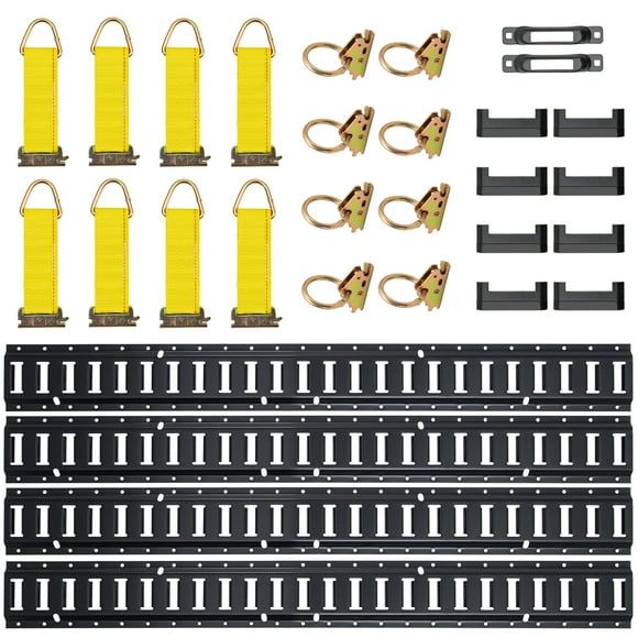 KFFKFF E Track Securing System,30-Item 5FT E-Track Bundle Comprising 4 Metal Tracks,2 Single Slots,8 O Rings, 8 D-Ring Tie-Offs & 8 End Caps, Essential Fixing Tools for Cargo, Motorbikes,and Bicycles