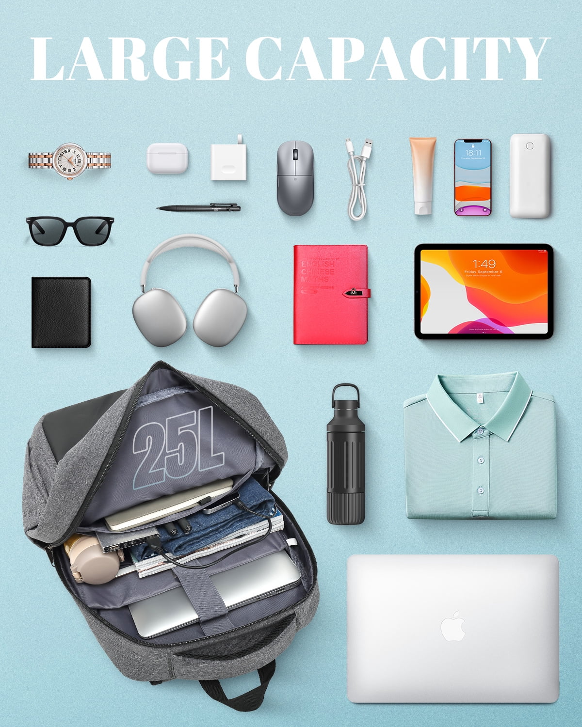 Travel Backpack with USB Port, Laptop Carry On Backpack, Waterproof Casual Daypack Computers Backpacks  for Women Men Weekender Trips, Business, School & Hiking, Gray