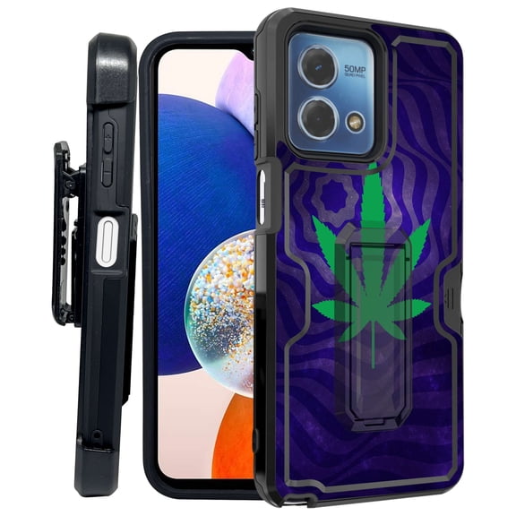 ANJ  Rugged Shockproof Kickstand Hybrid Case with Card Slot and Holster   Tempered Glass Cover for Motorola Moto G Stylus 5G (2023) - Trippy Leaf