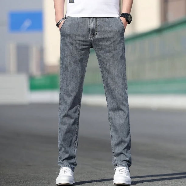 KUBRO 2024 novedad de verano, pantalones vaqueros grises elásticos sueltos para hombre, pantalones vaqueros de pierna recta elásticos informales a la moda, marca azul claro para hombre