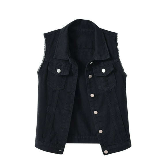 Women's Casual Denim Waistcoat Frayed Sleeveless Ripped Jacket Vest with Pockets 01-Black L