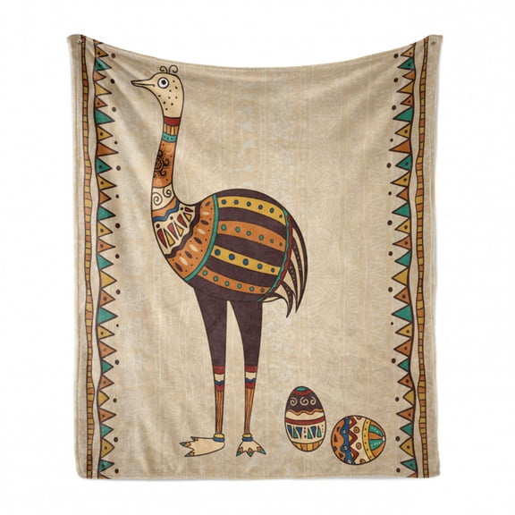 Ostrich Soft Flannel Fleece Throw Blanket, Ornamental Animal with Eggs Effects Traditional Boho Pattern, Cozy Plush for Indoor and Outdoor Use, 60" x 80", Multicolor, by Ambesonne