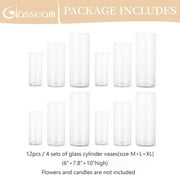 Glasseam Set of 12 Clear Glass Cylinder Vases Hurricane Pillar Candle Holders, 6, 8 & 10