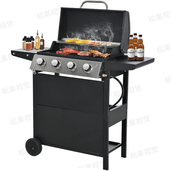 Patio Propane Gas Grill Stainless Steel, 4-Burner BBQ Grill with Top Cover Lid, Spacious Cooking Area and 2 Side Shelves, for Outdoor Patio Garden Picnic Backyard, Black