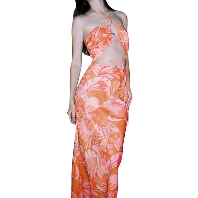 VISgogo Vestido largo para mujer, con cordones, cuello halter, ahuecado, sin espalda, con estampado de flores, fiesta de verano, vestido con abertura en la playa VISgogo moda