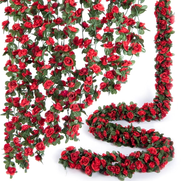 Rosa artificial roja Garland PONKING de 66 pies, 8 unidades