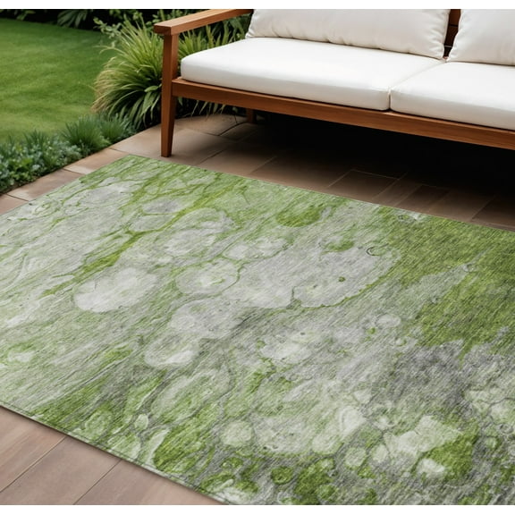 HomeRoots 582173 8 x 10 ft. Abstract Washable Indoor & Outdoor Rectangle Area Rug, Olive Green & Gray