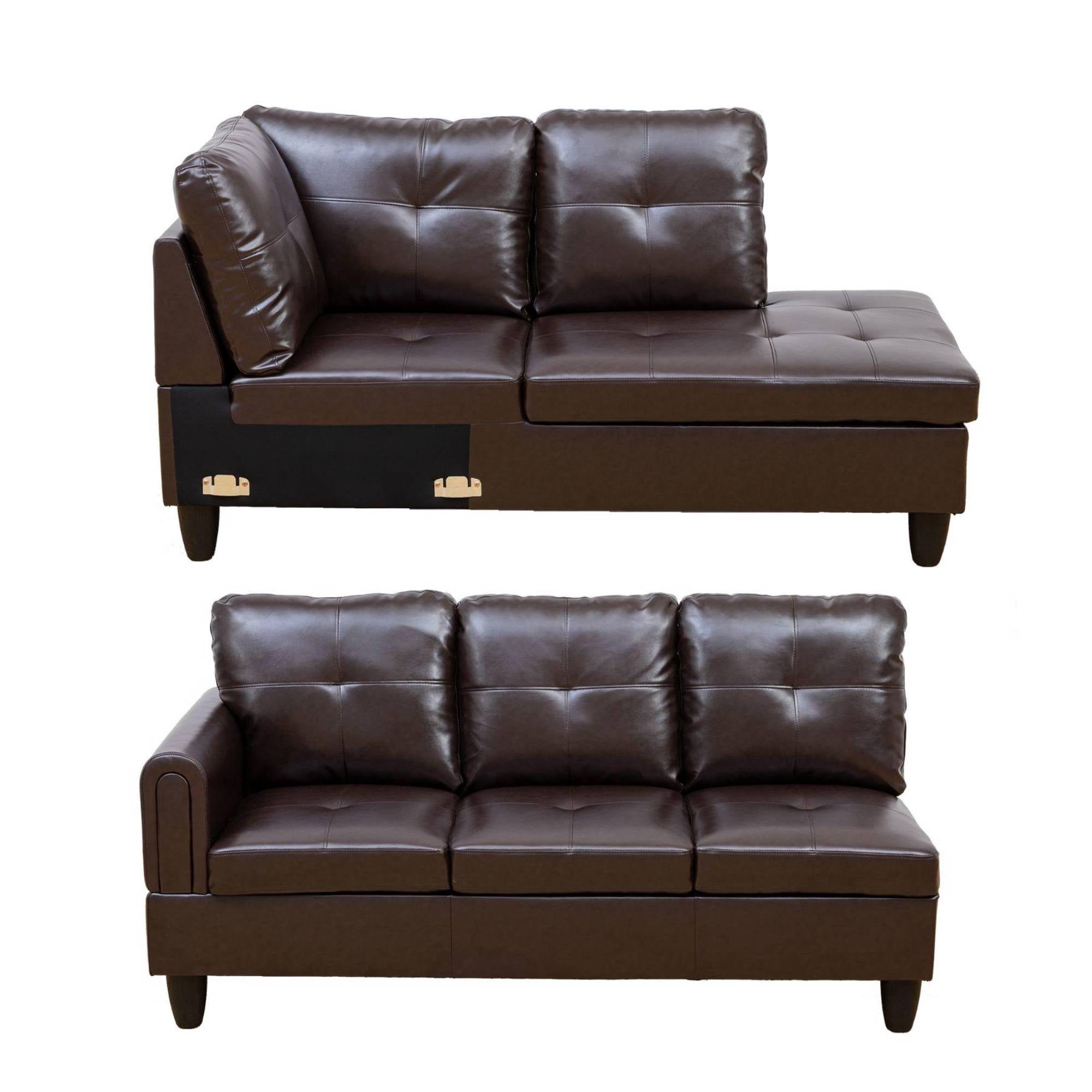 L Shape Sectional Sofa Couches Set, Modern Leather Corner Sofa Couch with Pillows for Living Room, Brown