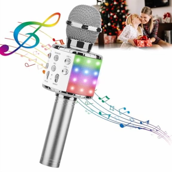 Karaoke Microphone,4 in 1 Wireless Microphone with LED Lights Handheld Portable Karaoke Machine,Home KTV Player,Compatible with Android & iOS Devices (Silver)