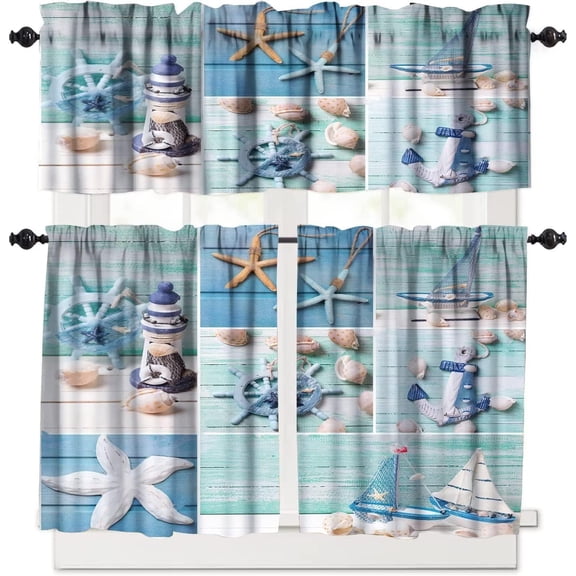 Nautical Kitchen Curtain Tiers and Valance Curtain Sets Ocean Animal Landscape Decorative Cafe Curtains Set for Kitchen Living Room Bathroom 54x18 & 27x24x2, 3 Panel