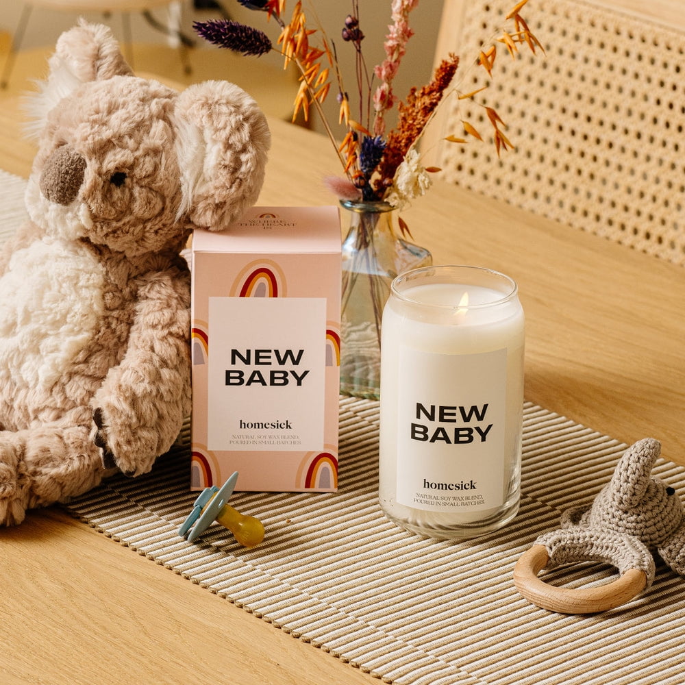 Homesick New Baby Scented Candle, 13.75 oz Geranium & Vanilla Scented Natural Soy Wax Blend Baby Shower Candle, After Birth Present for New & First Time Mom & Dad, Congratulations Pregnancy Gift