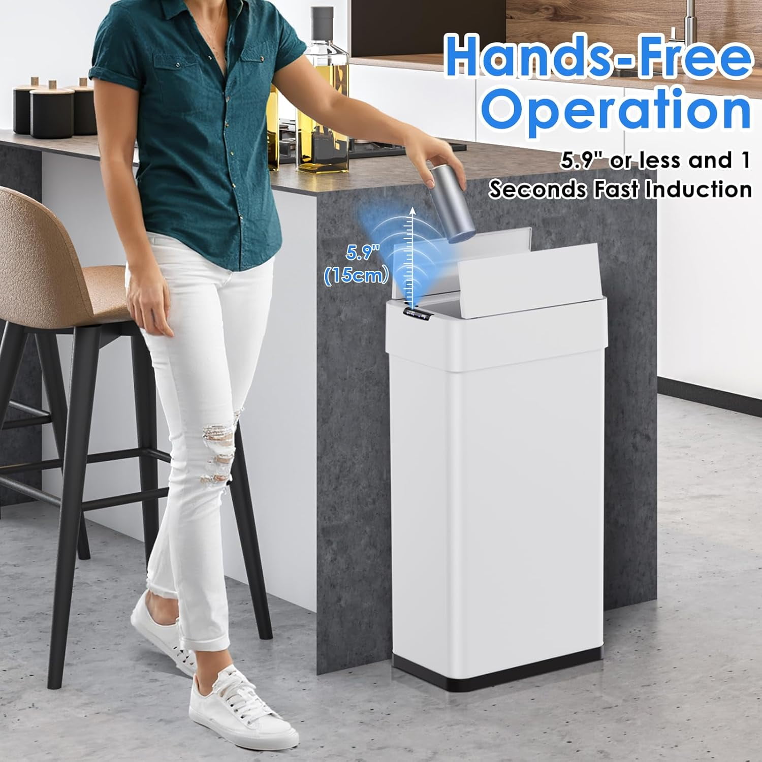 LAZY BUDDY 21 Gal Motion Sensor Trash Can Motion Sensor Garbage Bin, Touchless Brushed Wastebasket, W/Butterfly 80L White Stainless Steel Kitchen Bin
