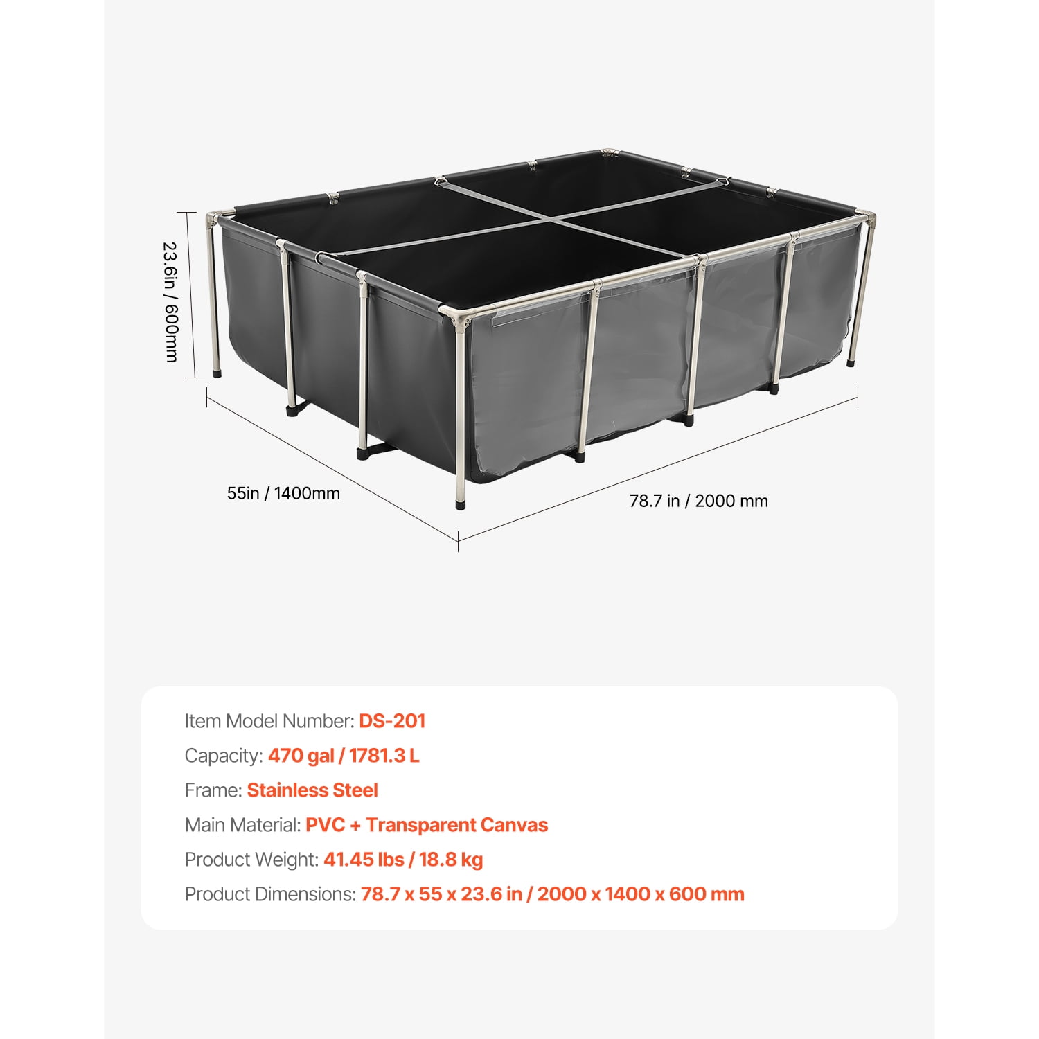 KFFKFF Canvas Fish Pond, 470 Gal Above Ground Pond, PVC Koi Tank with Transparent Viewing Panel, Rectangular Goldfish Tank with Steel Frame & Drain Valve, Suitable for Breeding Koi and Irrigation