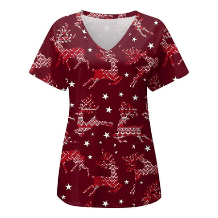 

Christmas Print Working Uniform Lady Santa Womens Short Sleeve V Neck Printed Top Nurses Working T shirts Blouse Pockets Scrubs Uniform Nurses