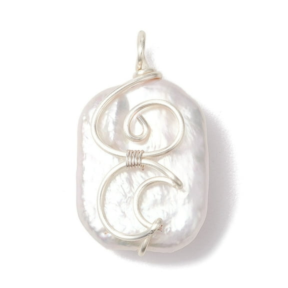 Natural Baroque Pearl Keshi Pearl Copper Wrie Wrapped Moon Pendants White Rectangle Charms Silver 25.5x15x8mm Hole: 3mm