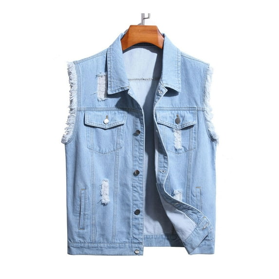 Capreze Men's Denim Jacket Sleeveless Jeans Vest Button Down Waistcoat Casual Jackets Lapel Blue L