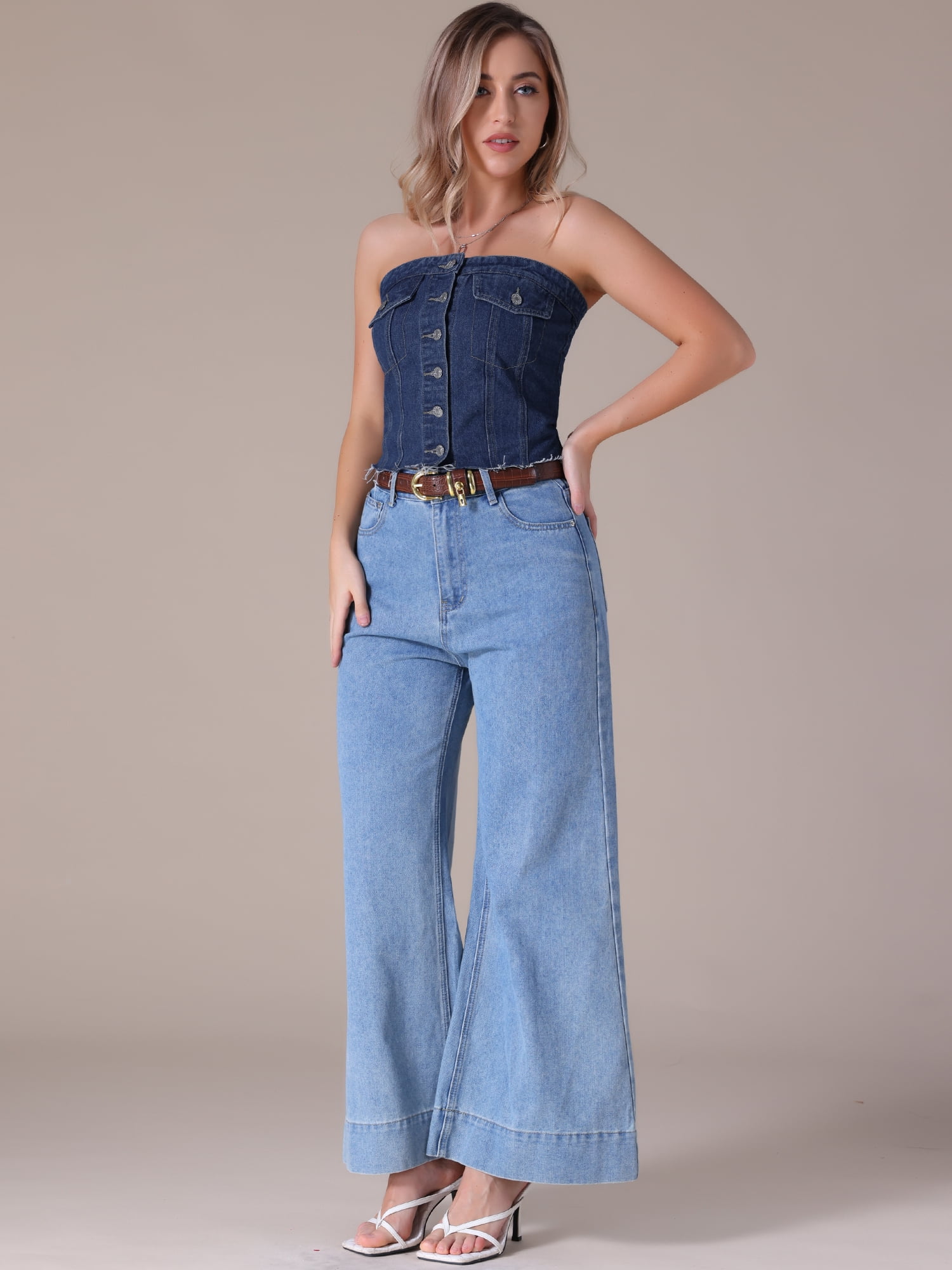 DARING DIVA Denim Tube Button Front Raw Hem Crop Strapless Bandeau Top S Dark Blue