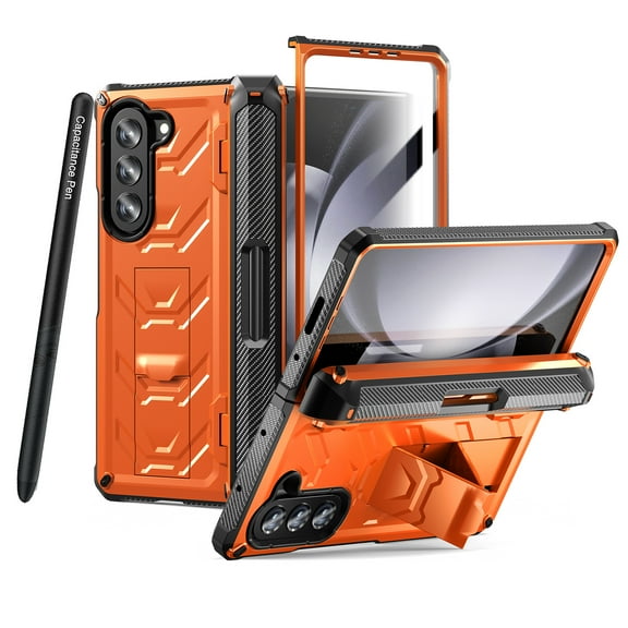 ELEHOLD Rugged Hybrid Case for Samsung Galaxy Z Fold 5 with Built-in Screen Protector Hidden Kickstand Pen Slot Heavy Duty Full Body Shockproof Case with Stylus Pen for Samsung Z Fold5 2023,Orange