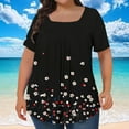 thumbnail image 5 of Floral Graphic Tees Womens Plus Size Tops Square Neck Pleated Tunic Tshirts Casual Going Out Travel Outfits Black, 3XL, 5 of 5