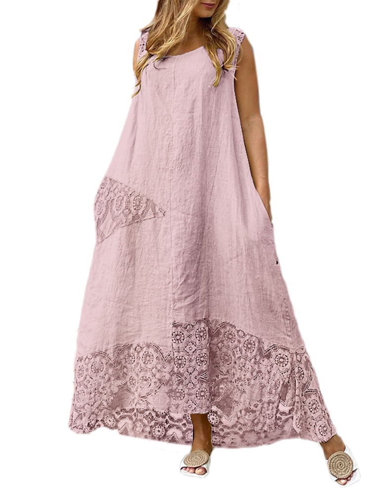 Vonda VONDA Women's Sleeveless Lace Patchwork Loose Maxi Dress Summer