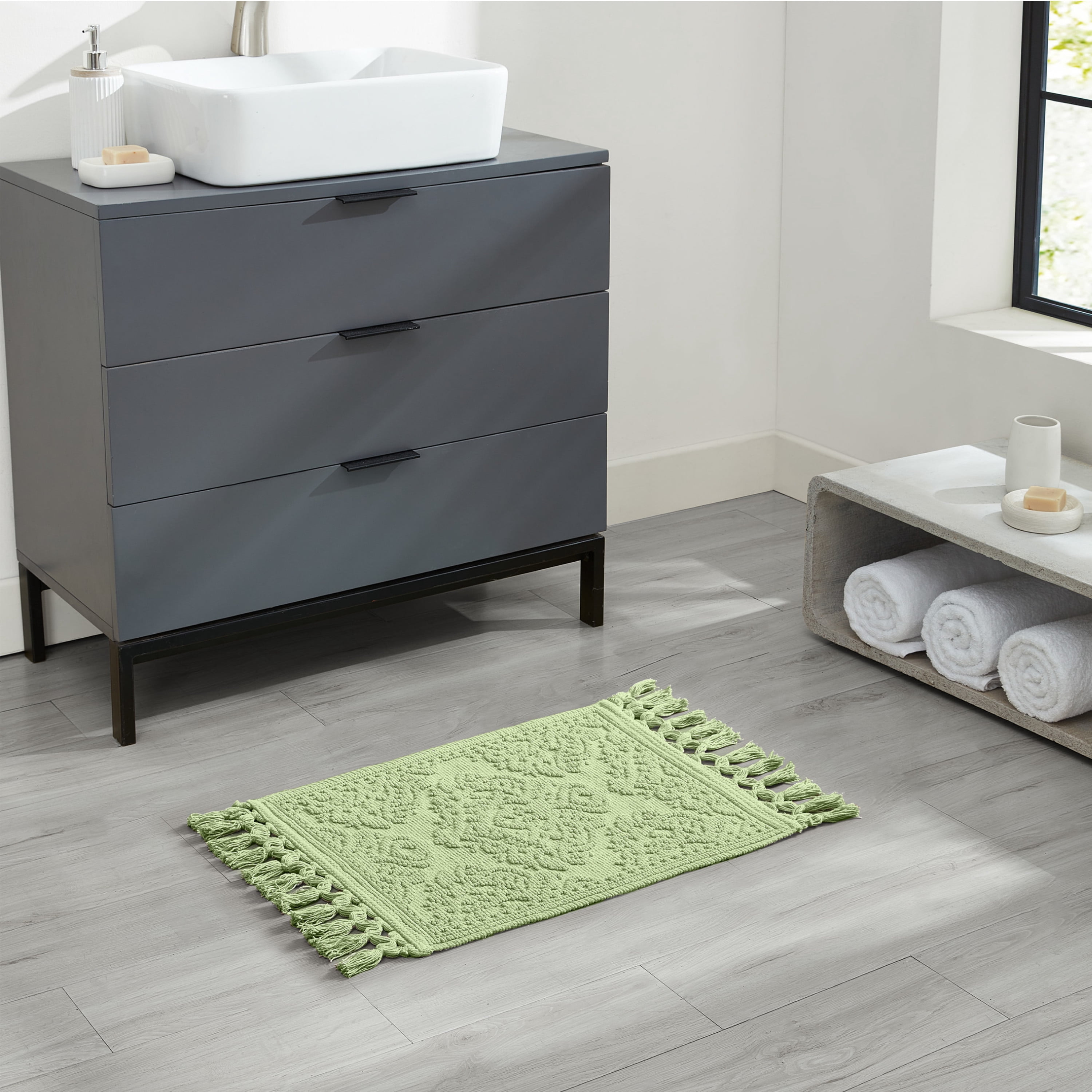 Jean Pierre Ricardo Cotton Fringe 17 x 31 in. Bath Rug, Sage Green