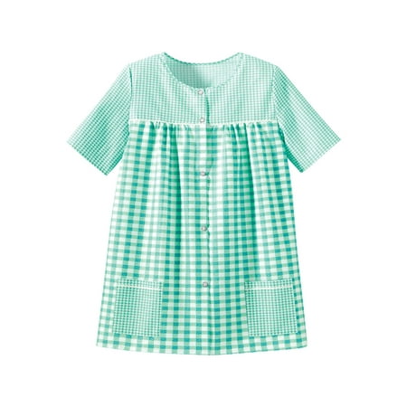 

EZI Women s Snap Front Short Sleeve Gingham Shift Seersucker Housecoat Apron Shirt