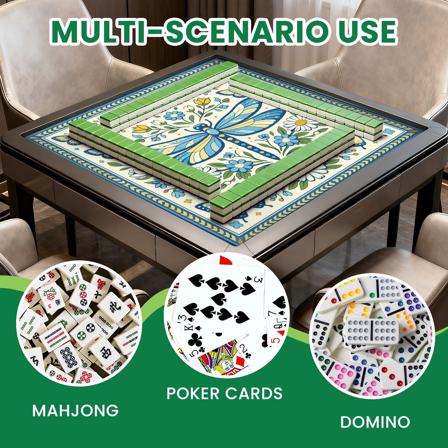 Mahjong Mat 31.5" x 31.5" Floral Butterfly Dragonflies Geometric Accents Non-Slip Noise Reduction Mahjong Tiles Table Cover for Dominoes Poker Card Board and Tile Games