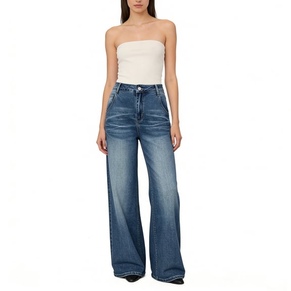 PYGNJK Women's Straight Leg Jeans High Waisted Tummy Control Stretchy Pockets Front Wide Leg Pants Trendy