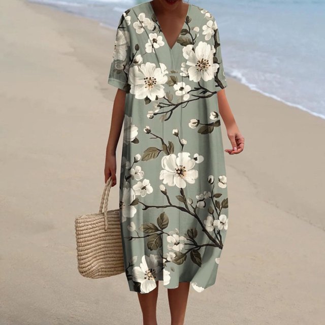 Ovzne Robes Grande Taille pour Femmes Rondes Robe de Plage Robes d'Été pour Femmes avec Poches Imprimées Robes Amples à Col en V Manches Courtes Robes de Vacances Manches Courtes Imprimées en Liquidation