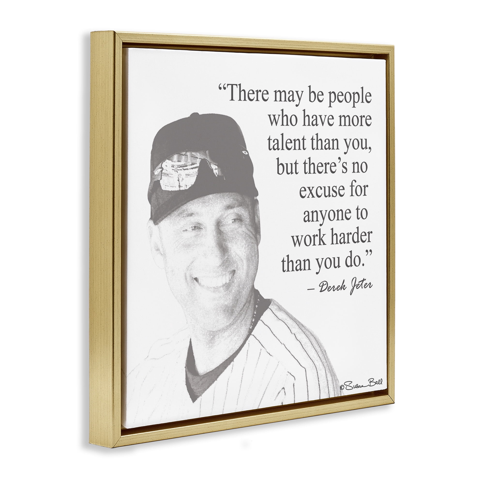Stupell Industries Work Hard Derek Jeter Quote Inspirational Painting Gold Floater Framed Canvas Art Print Wall Art, 25 x 25