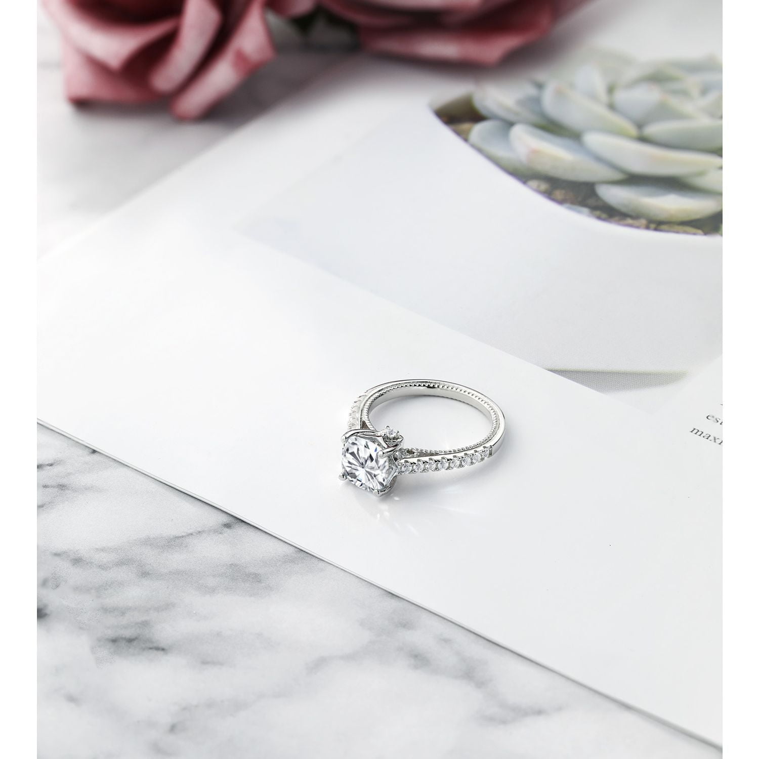 Gem Stone King 2.00 Cttw White Moissanite and Created Sapphire Engagement Ring for Women | 925 Sterling Silver | Cushion 7MM | Fine Jewelry Gifts for Her Mom Women Wife (Size 8)