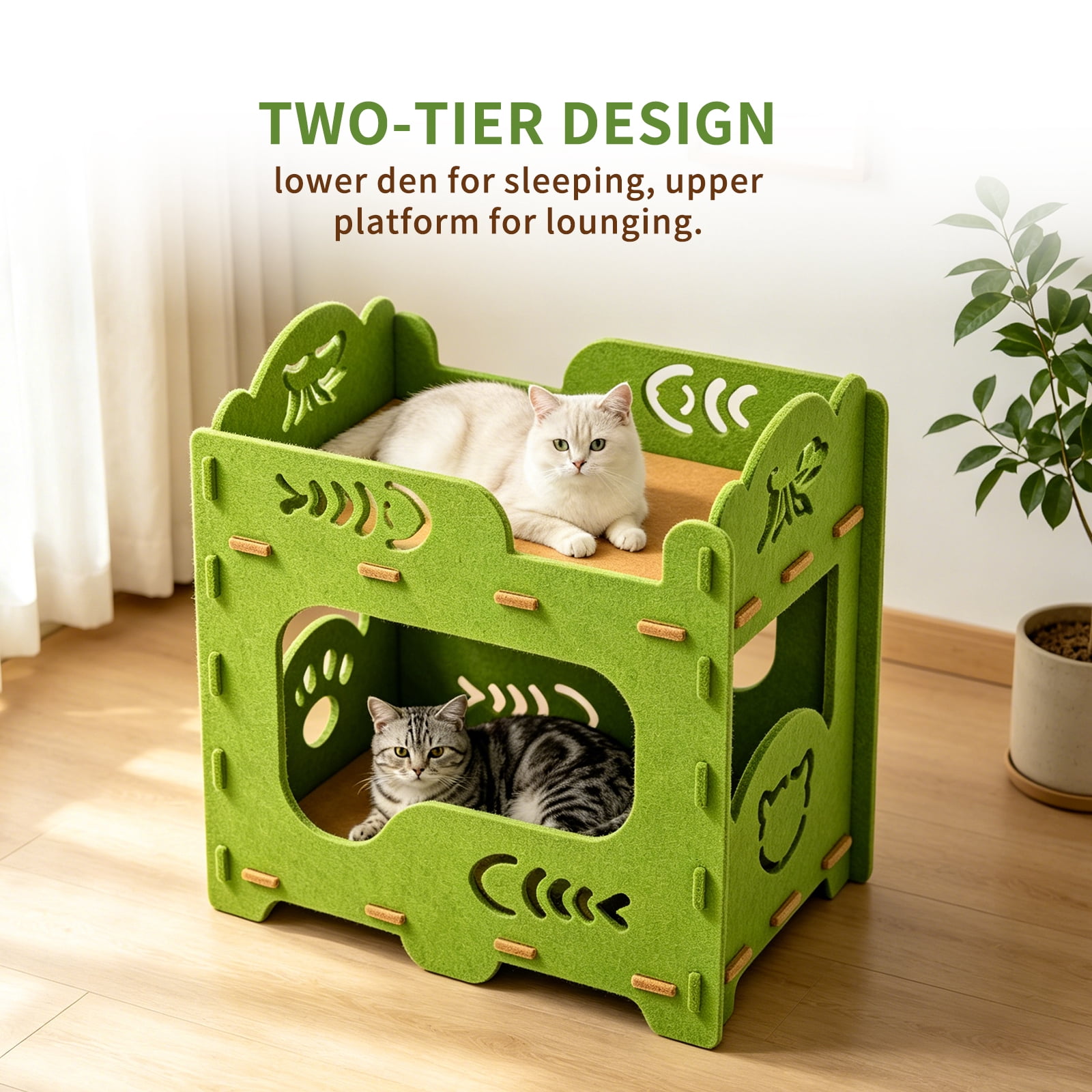 Felt Cat Bed Nest, Portable Pet Lounge House for Indoor & Outdoor Cats, Ideal for Playing Sleeping Resting, Green 50x29x52cm