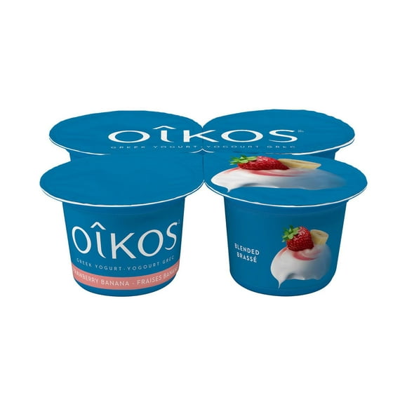 Oikos Greek Yogurt, Strawberry-Banana Flavour, Blended, 2% M.F., 4 x 100g Greek Yogurt Cups