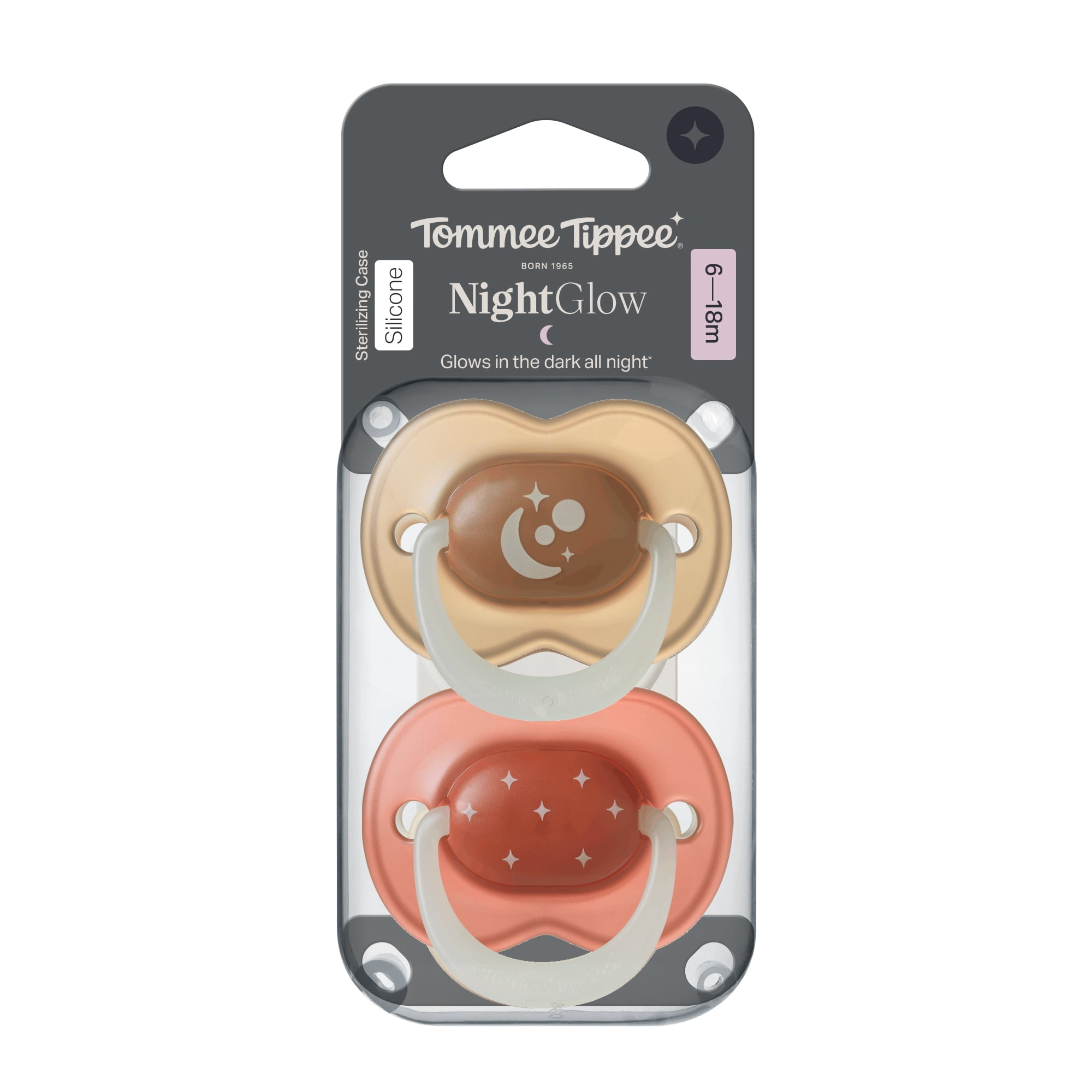 Tommee Tippee NightGlow Pacifier, 6-18 months, 2 Pack, Glow in the Dark Paci, Reusable Sterilizer Case Included, BPA Free, Red Sky and Peach Glow