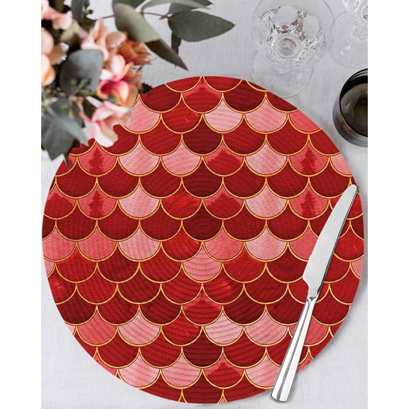 15 Inch Round Placemats Set of 6, Red Fish Scale Non Slip Heat Insulation PP Table Mats, Modern Geometric Ombre Abstract Moroccan Washable Place Mats for Kitchen Dining Party Table Decor