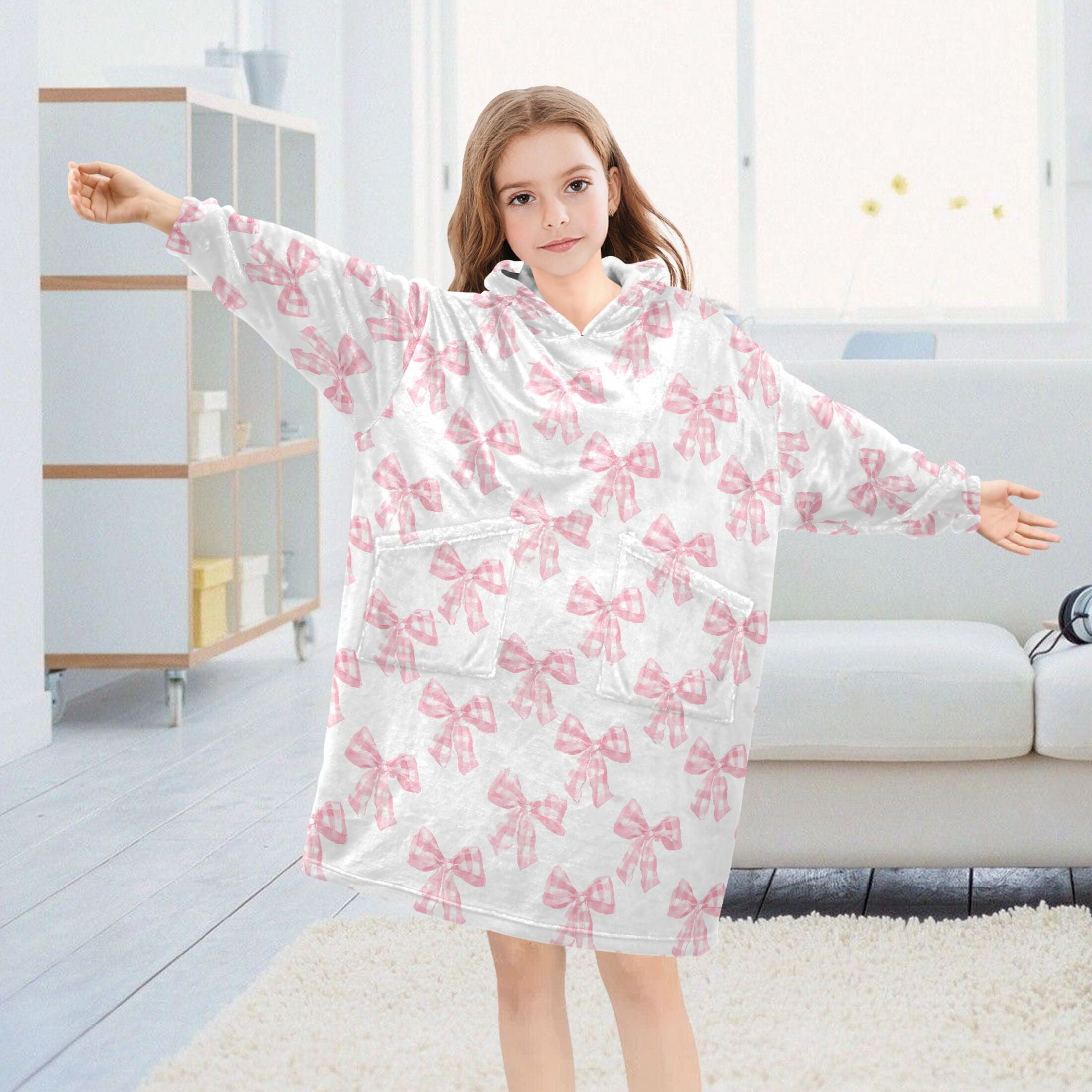 Wearable Blanket Hoodie for Kids Bows Checkered Flannel Hooded Blanket with Pockets and Sleeves Suitable for Boys and Girls