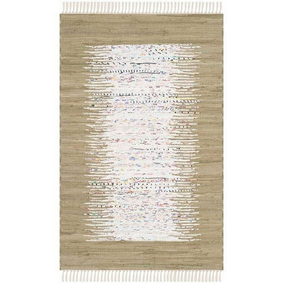SAFAVIEH Montauk Tennyson Braided Border Cotton Area Rug, Ivory/Olive, 6' x 9'