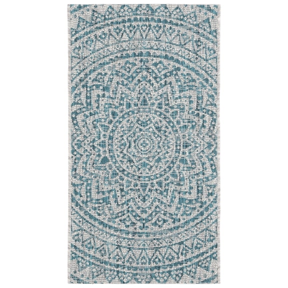 SAFAVIEH Courtyard Josiah Floral Medallion Indoor/Outdoor Area Rug, 2' x 3'7", Light Grey/Teal