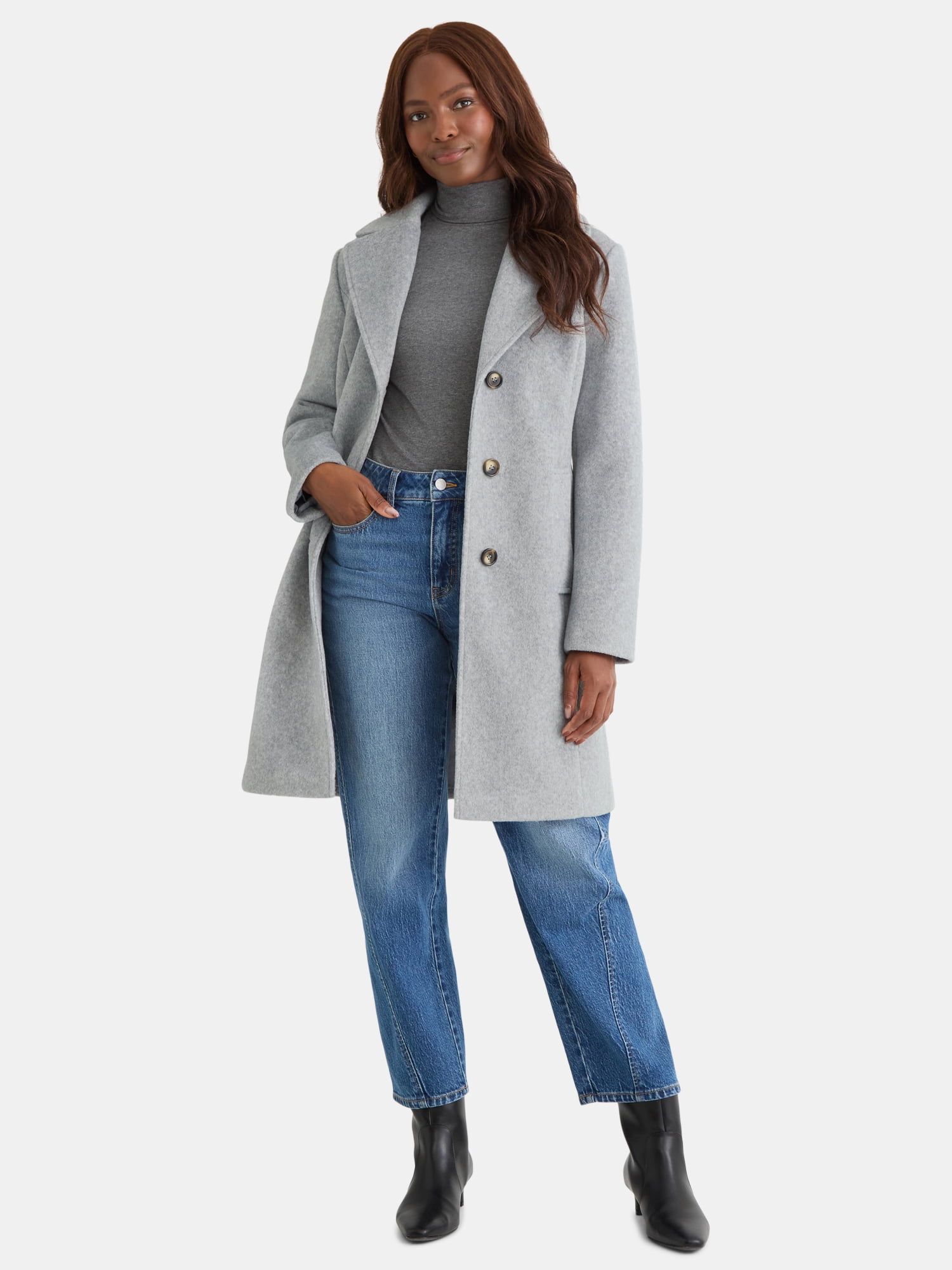 Time and Tru Women's and Women's Plus Faux Wool Boyfriend Coat, Sizes XS-2X